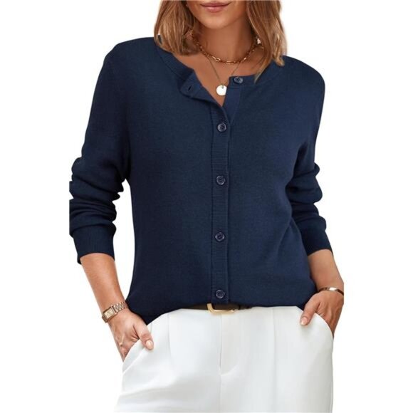 Women's Wool Blended Cardigan Sweaters Lightweight Navy Blue - Picture 1 of 7